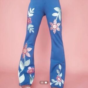 Blue Floral Embroidered Pants